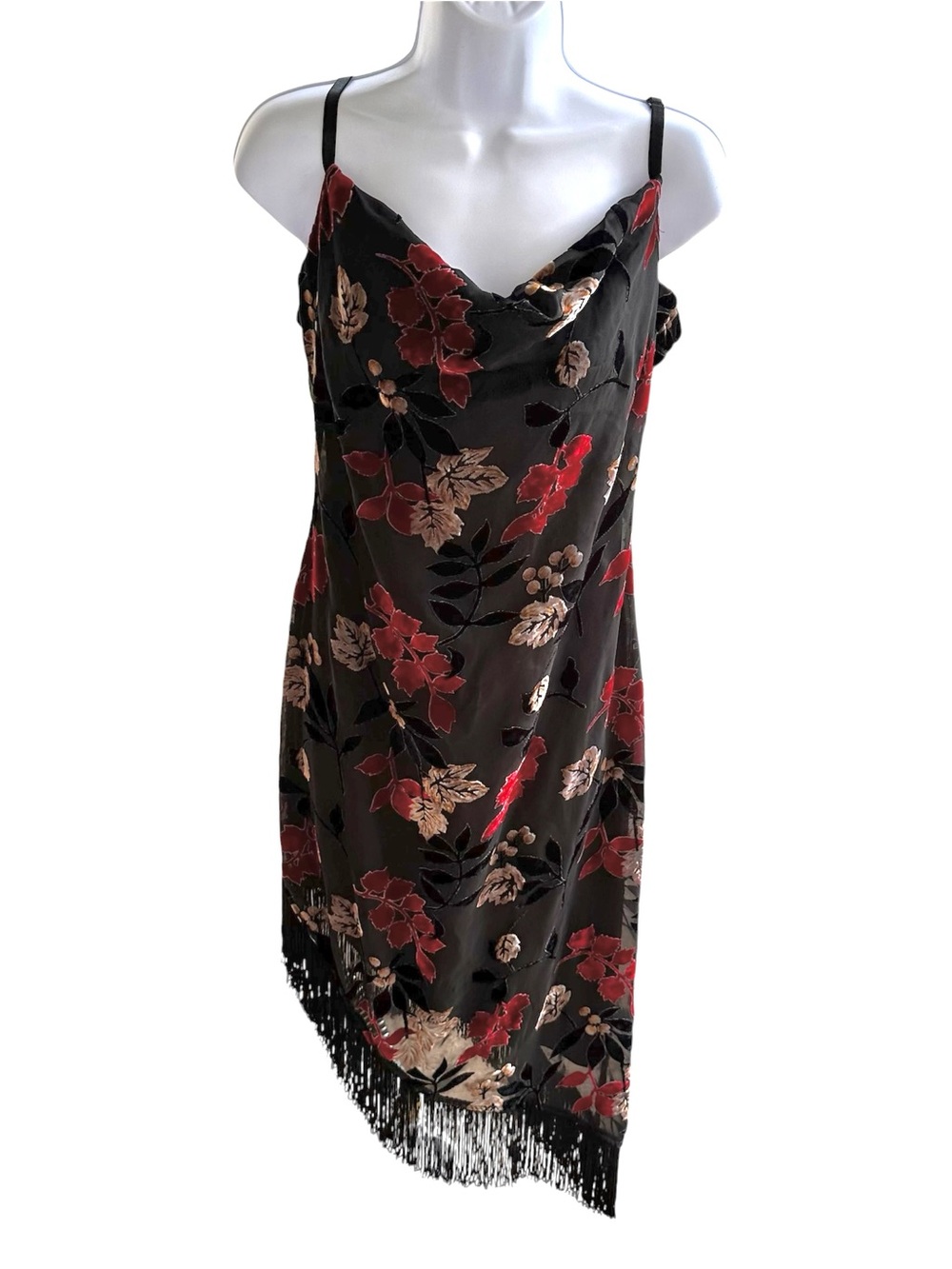 Vintage “G•Dresses” Black Midi Dress with Red and Cream Floral Print
